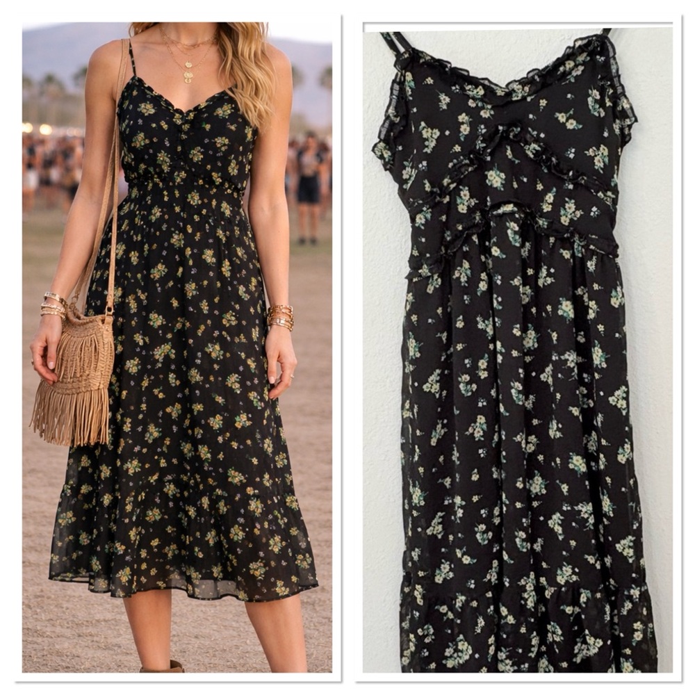Babydoll Floral Juniors Midi Dress Size S‎ Festival Romance Boho Indie Sleaze